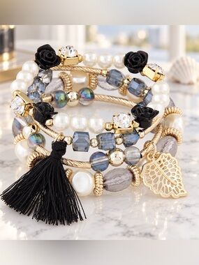 Black White Gold Boho Layered Bracelet Set Faux Pearl Rose Tassel Crystal NEW